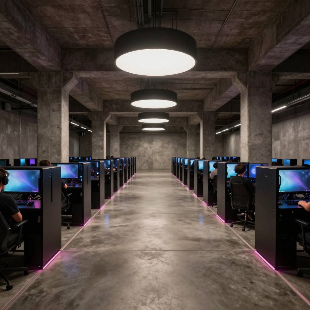 A moody dark corridor of stations lit by one round ceiling lamp