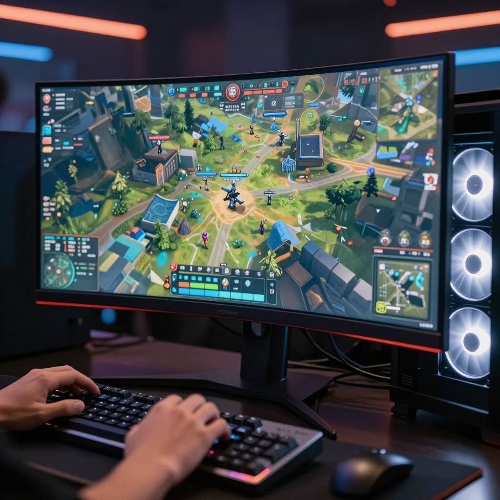 A single large curved monitor glowing in an otherwise black room